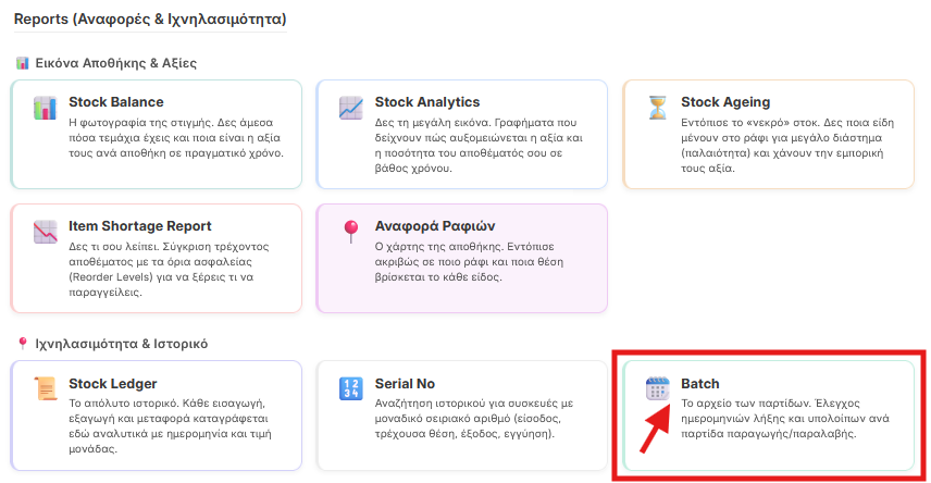 Πρόσβαση στο Batch από τα Reports